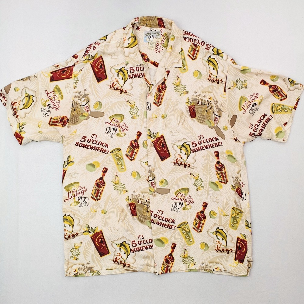Vintage Big Dogs Shirt Mens Large Silk Hawaiian Cocktail Martini Allover Print